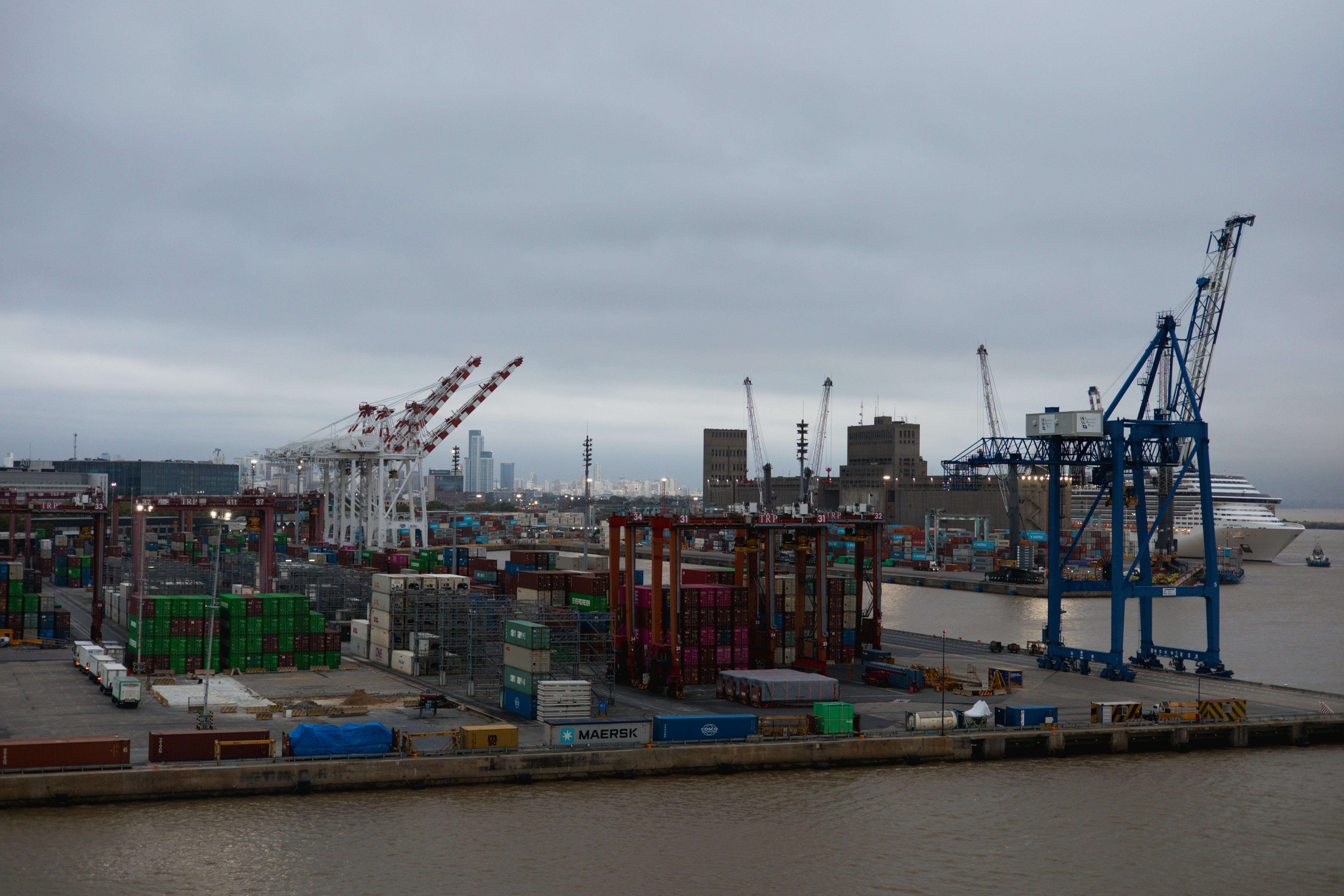 Southampton port with cranes and cruise ship