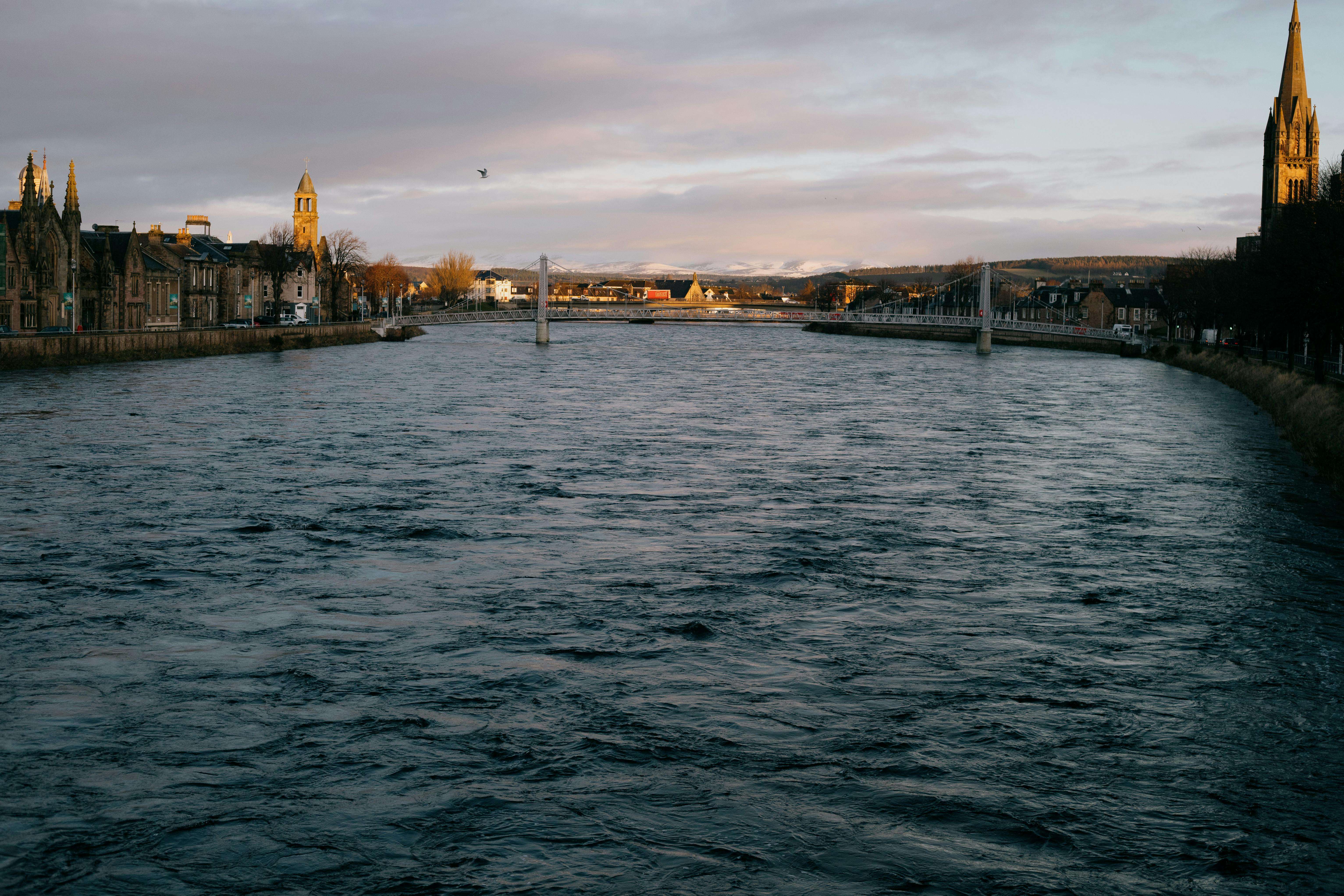 Aberdeen city centre along the River Dee at dusk