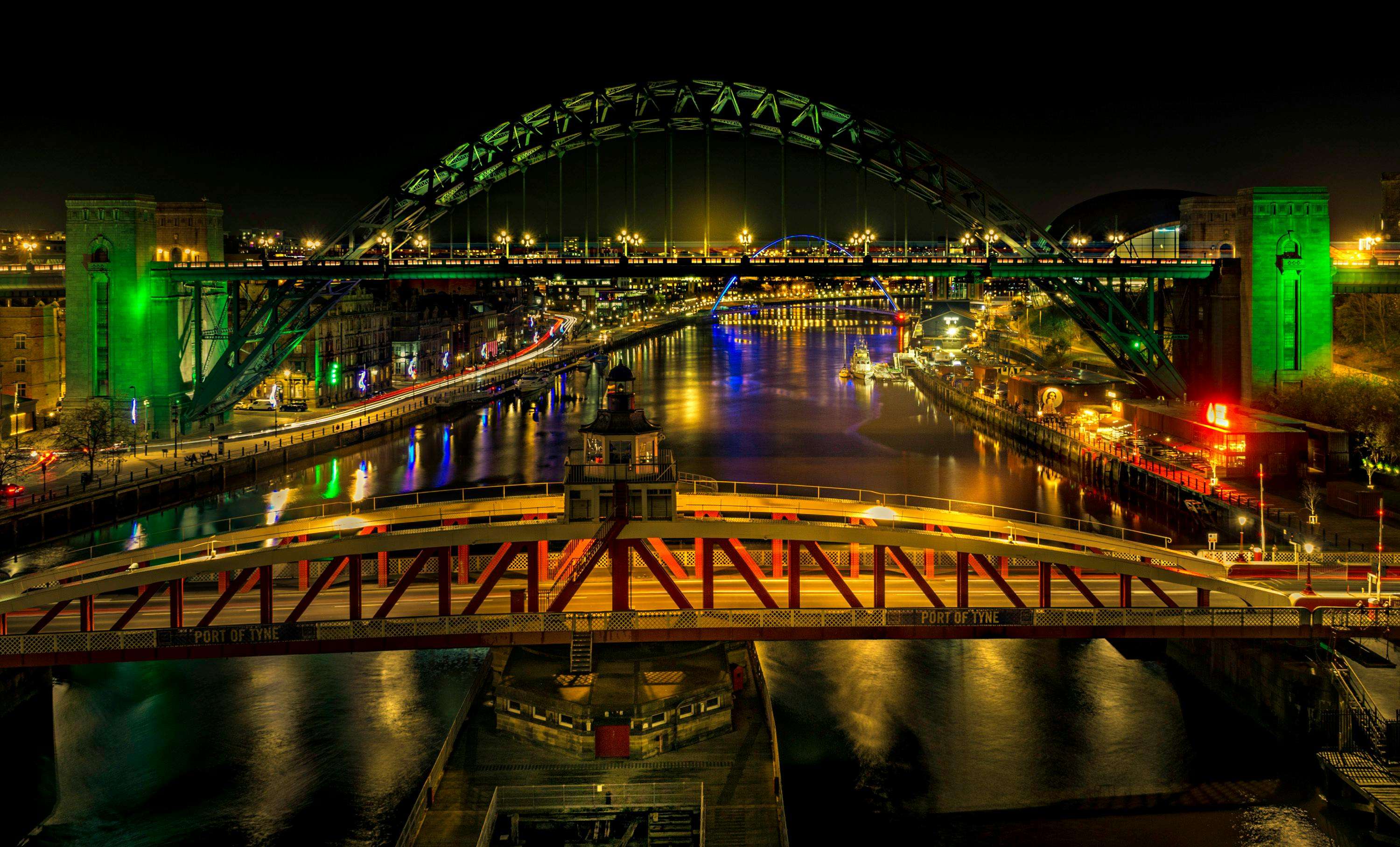 Newcastle Tyne Bridge illuminated at night