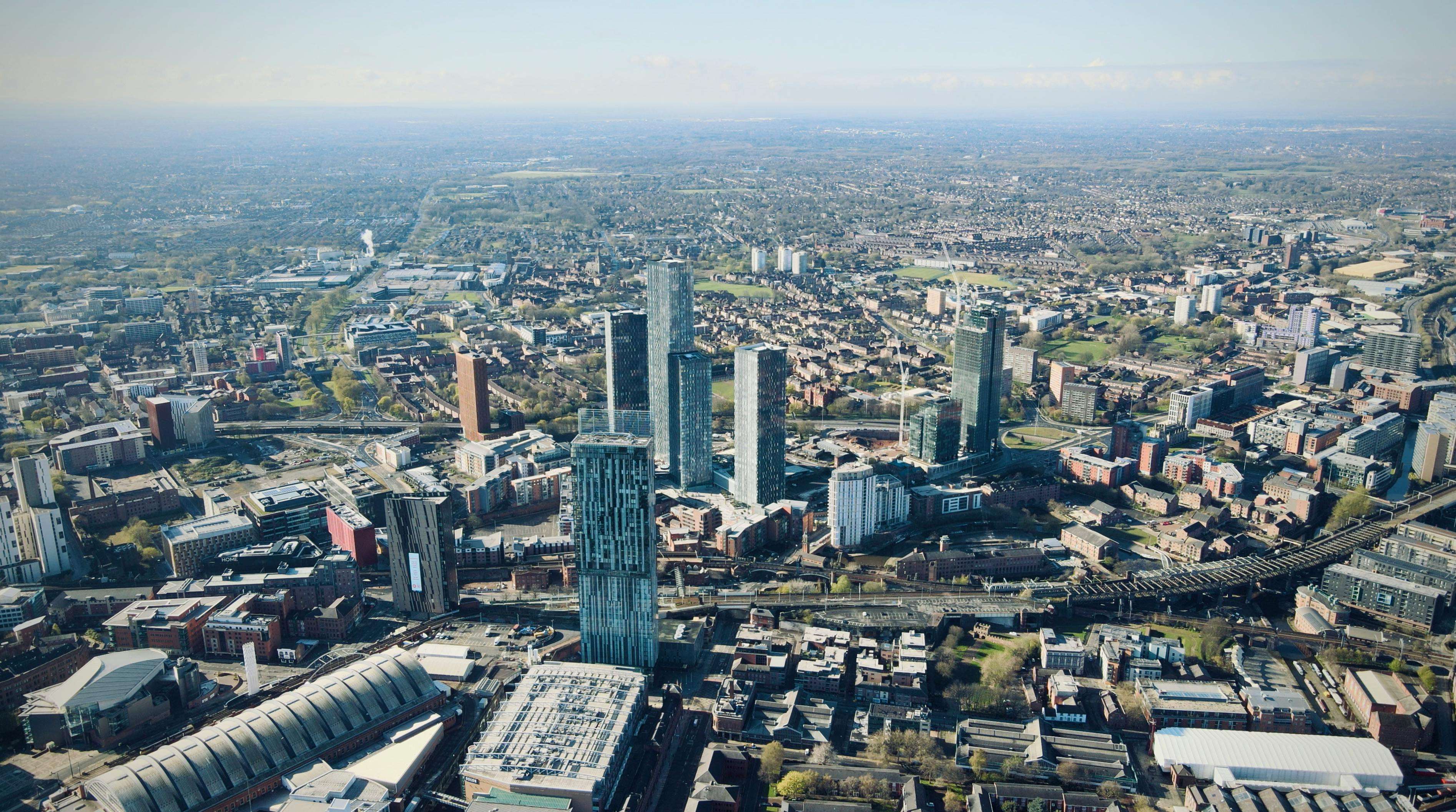 Aerial view of the Manchester city skyline